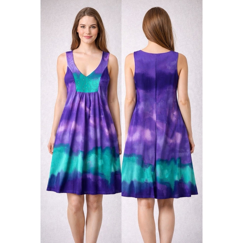 One World Live and‎ let Live Size Small Dress Purple Turquoise Tie Die V-Neck